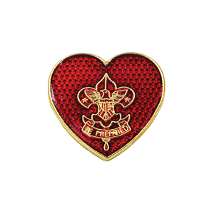 Scouts BSA Life Scout Rank Parent's Pin, red heart with classic Scouts BSA Eagle emblem and Be Prepared banner etched in gold